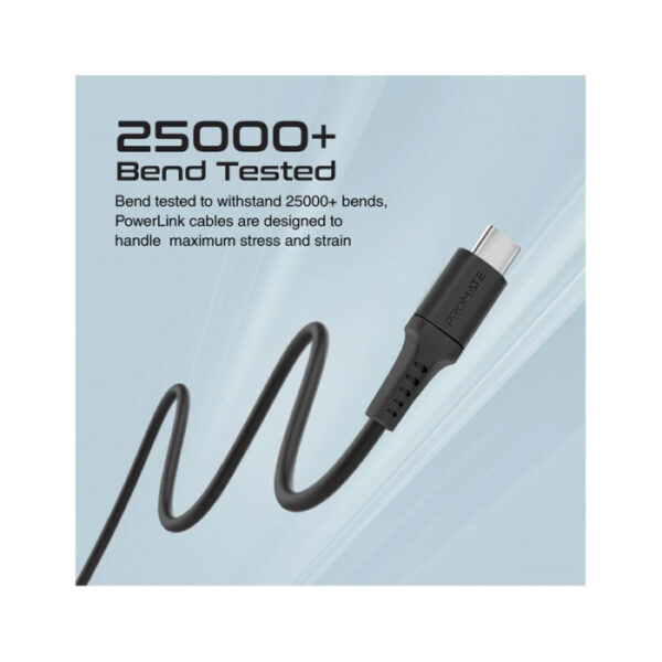 Promate 20W Power Delivery Ultra Fast USB-A to USB-C Soft Silicone Cable Black - Image 3