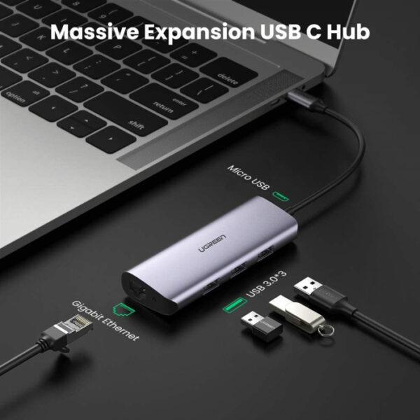 UGreen USB-C to 3xUSB 3.0+RJ45+USB-C Multifunction Adapter - Image 2