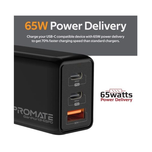 Promate 65W Power Delivery GaNFast™ Charging Adaptor UK Plug Charge From Earbuds to Macbook Pro 16" Black - Image 2