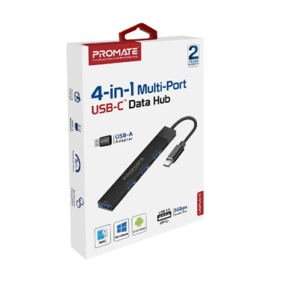 Promate 4 In 1 Multi-Port USB-C Data Hub Black