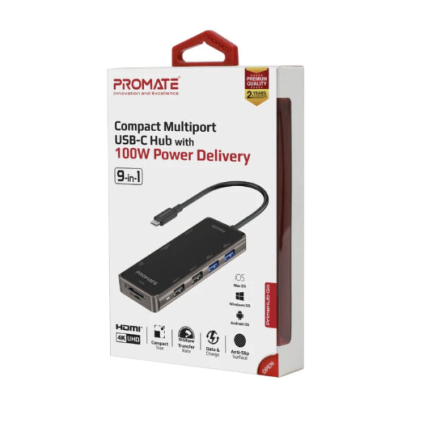 Promate Prime Compact Multiport 9-in-1 USB-C Hub with 100W Power Delivery - Image 2