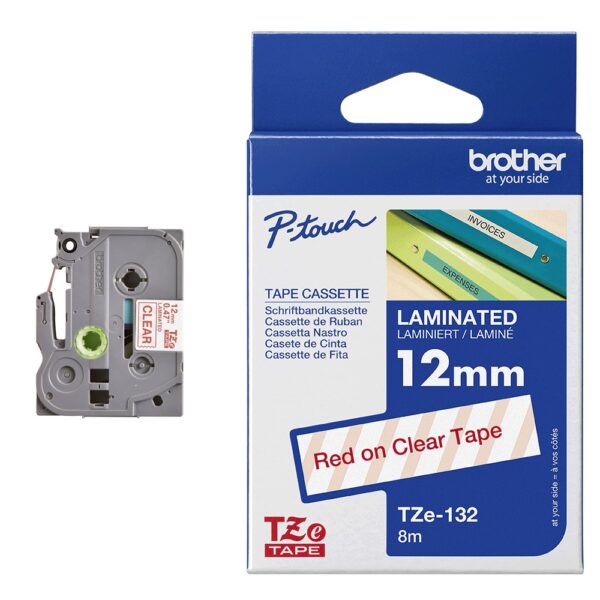 Brother TZE132 Labelling Tape Cassette – Red On Clear, 12mm wide