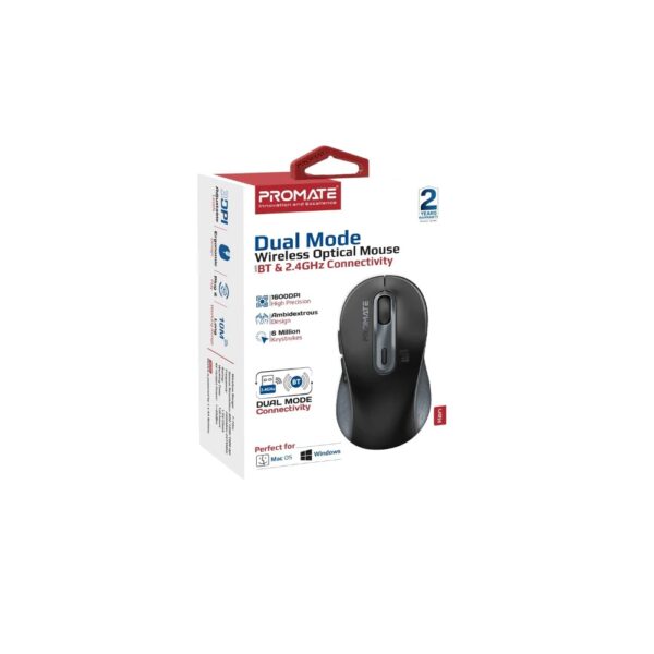 Promate Ken – Black Dual Mode Wireless Bluetooth Optical Mouse with BT & RF Connectivity