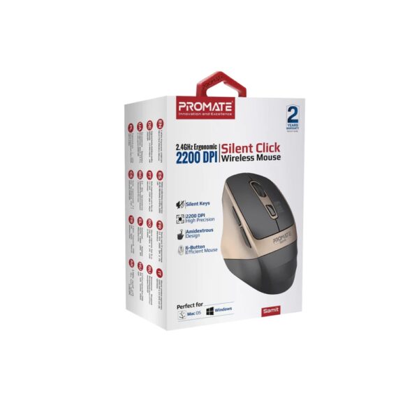 PROMATE Samit Ergonomic Silent Click Wireless Mouse Thumb rest – Gold