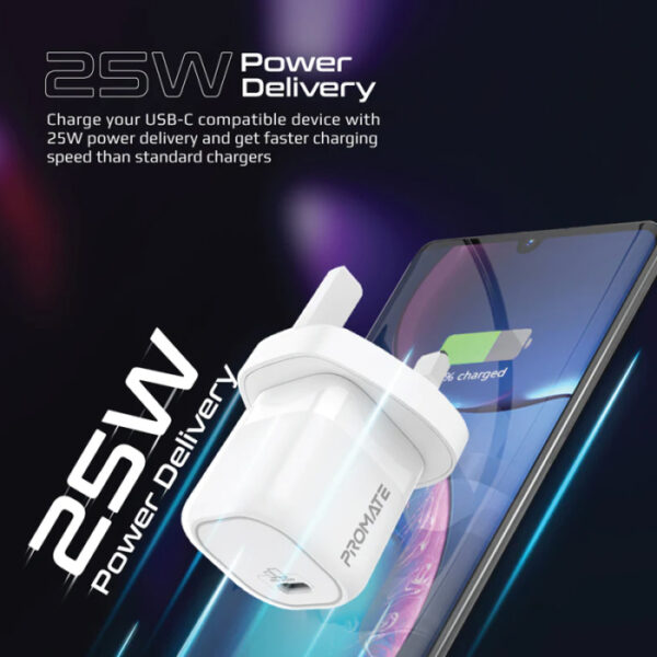 Promate Power Port  25W Power Delivery USB-C Wall Charger - White - Image 2